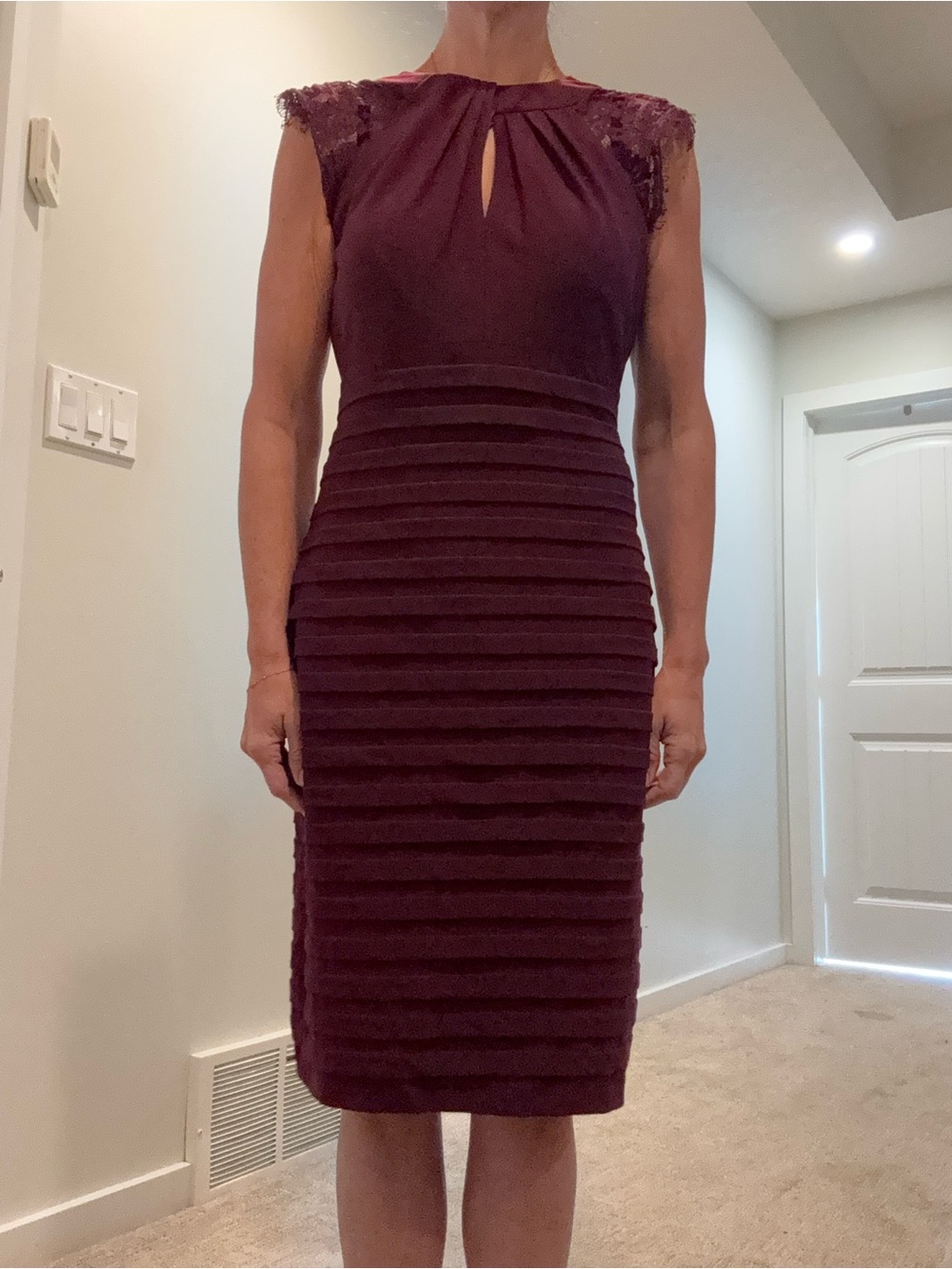 Betsy & Adam Plum Lace-Shoulder Bandage Midi Dress